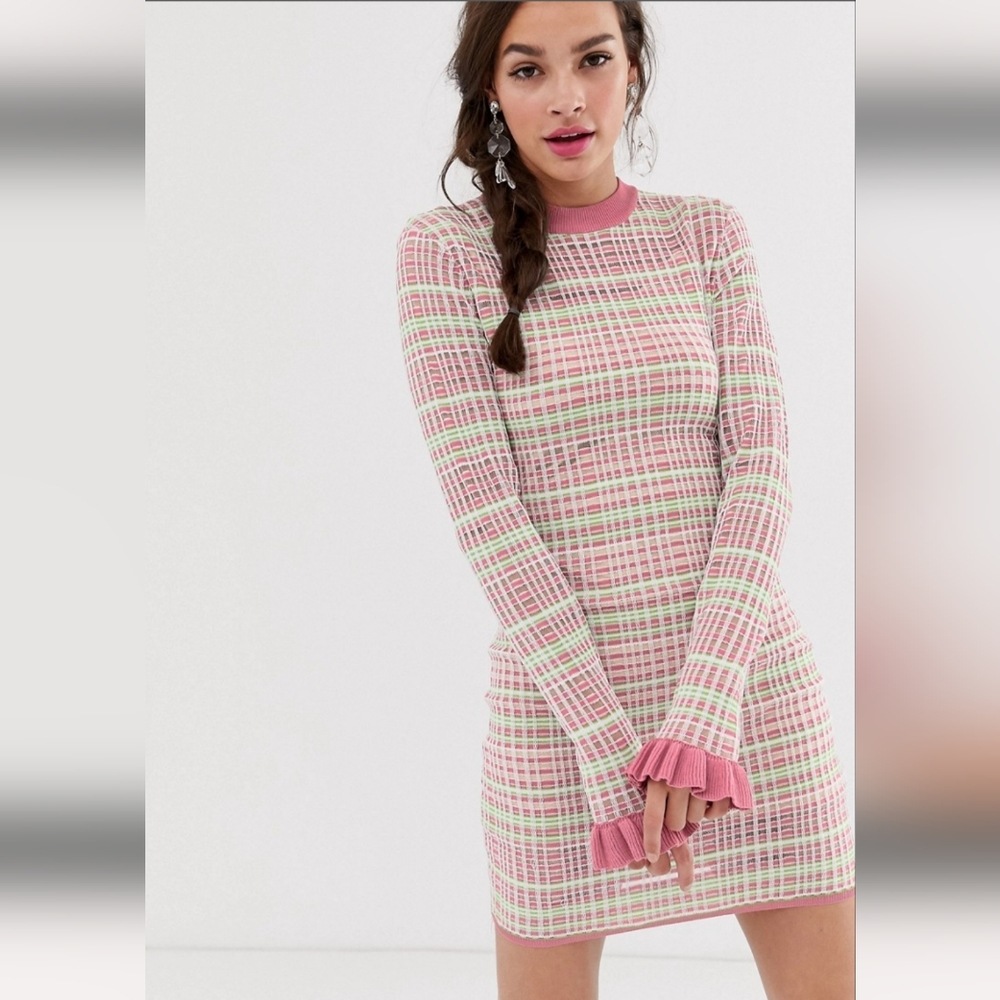 Finders Keepers Luca knit mini dress in green check